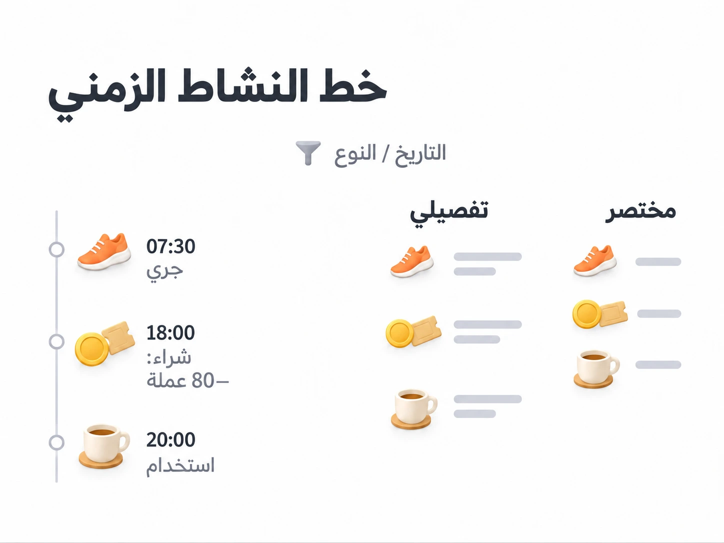 ترشيح سجل النشاط بالتاريخ أو النوع ومقارنة العرض التفصيلي والمختصر.