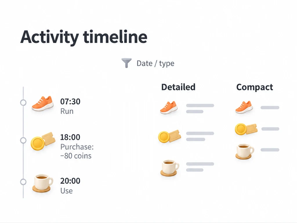 Filter activity history by date or type; compare detailed and compact views.