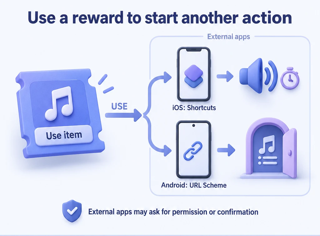 Using an item runs an iOS shortcut or opens an Android URL scheme; external apps may ask for permission or confirmation.