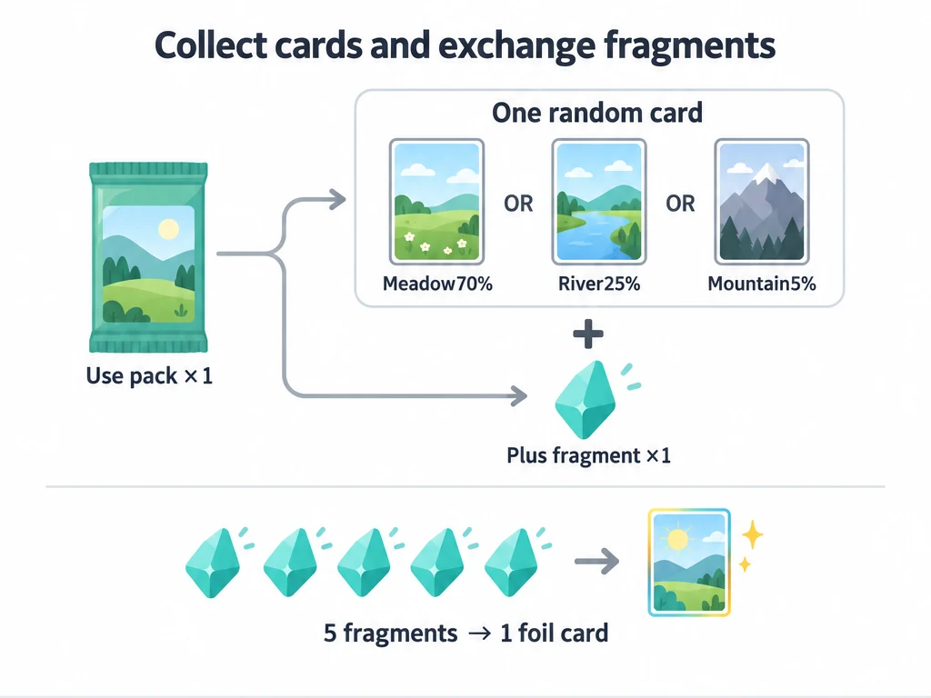 Use one pack for one random card plus one fragment; craft five fragments into one foil card.
