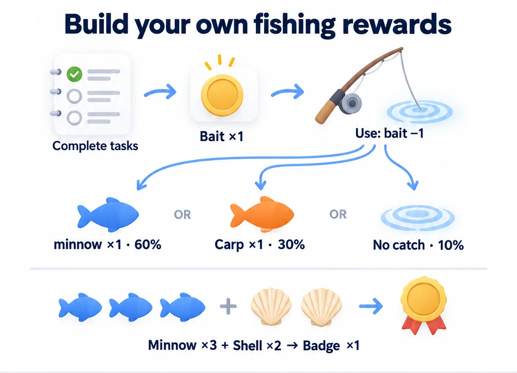 Earn and consume bait for a random fishing result; craft three minnows plus two shells into one badge.
