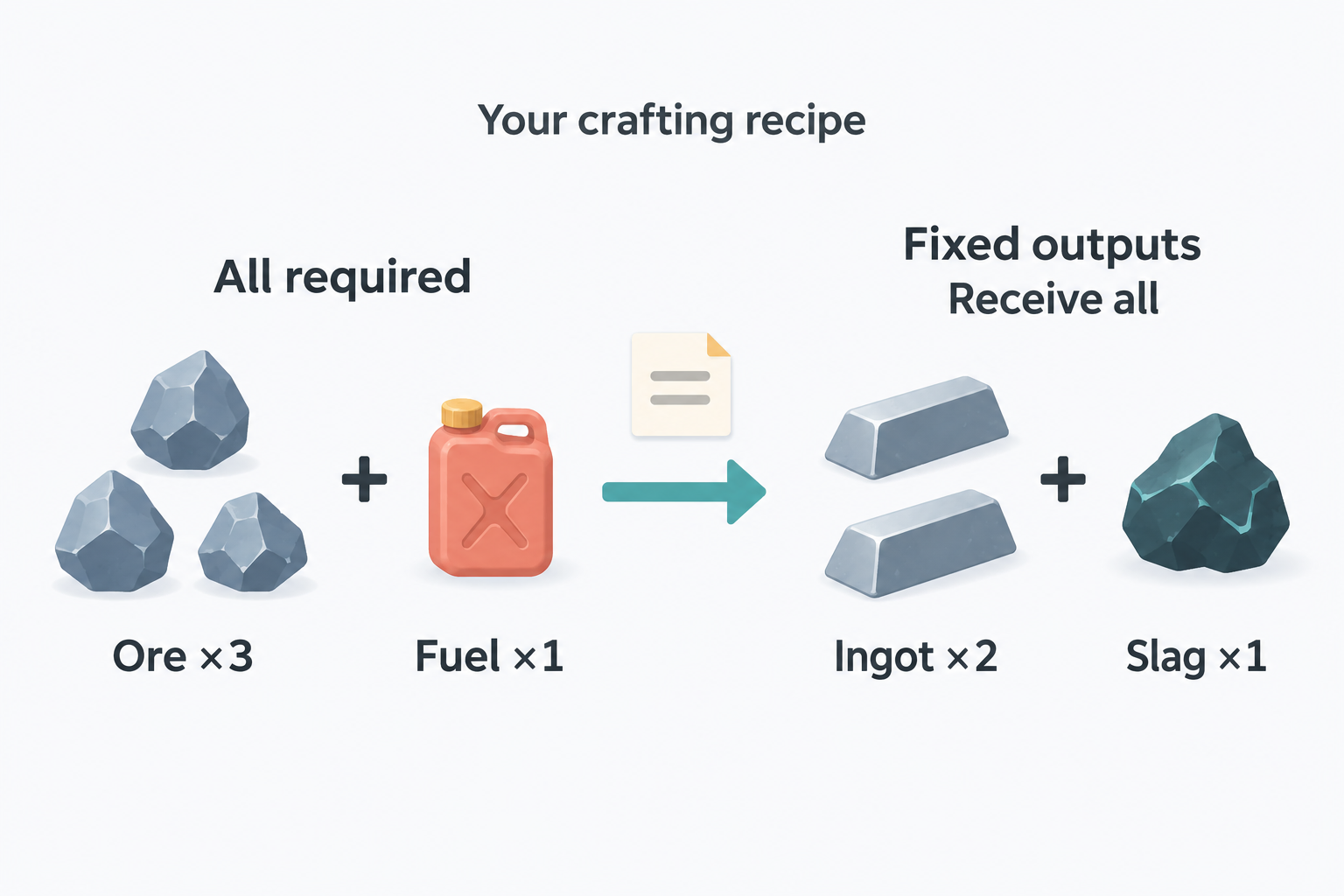 A fixed recipe requires three ore and one fuel, and gives both two ingots and one slag.