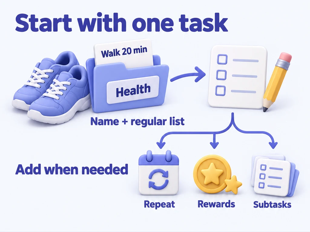 Create Walk 20 minutes on the Health regular list, then add repeats, rewards, or subtasks as needed