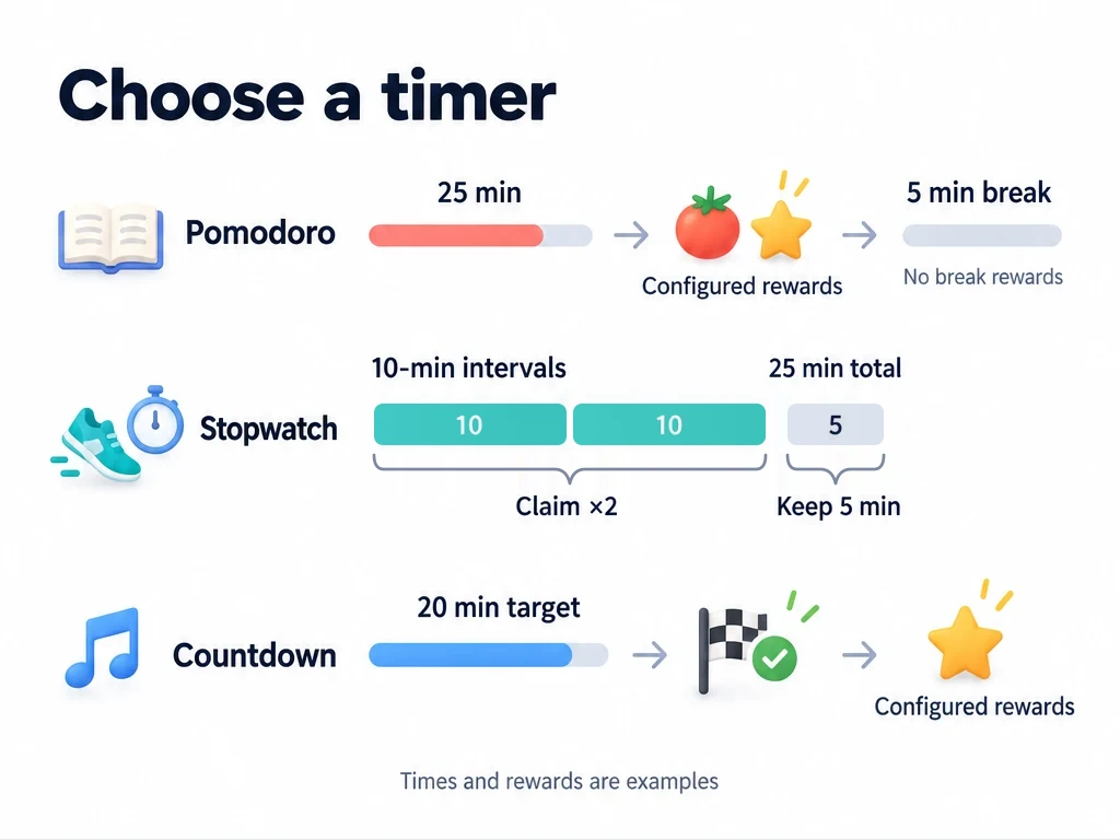 Pomodoro rewards a full 25-minute work segment, not the 5-minute break; Stopwatch claims two 10-minute intervals from 25 minutes and keeps 5; Countdown rewards reaching its 20-minute target.