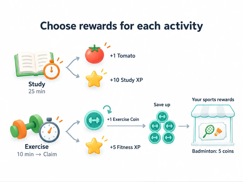 Study earns Tomatoes and Study XP; Exercise earns custom Exercise Coins and Fitness XP, with coins saved for sports rewards.
