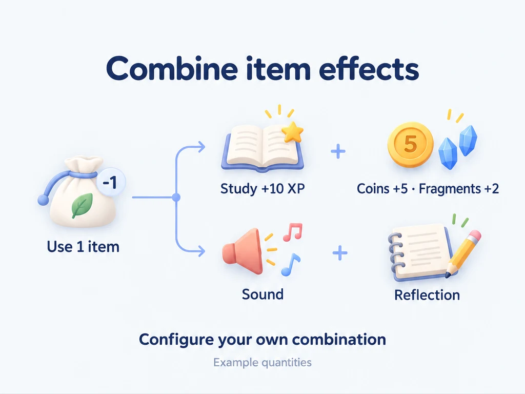 Use one item to combine XP, item rewards, sound, and reflection.