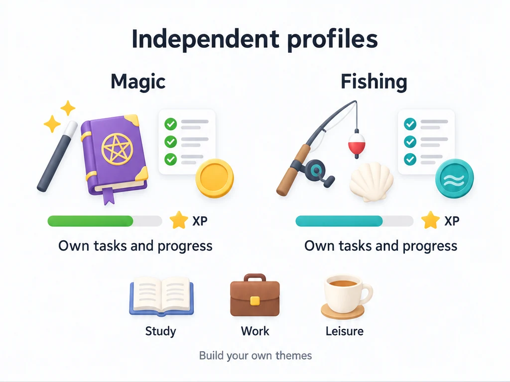 Magic and fishing profiles keep separate progress, with Study, Work and Leisure as alternative themes