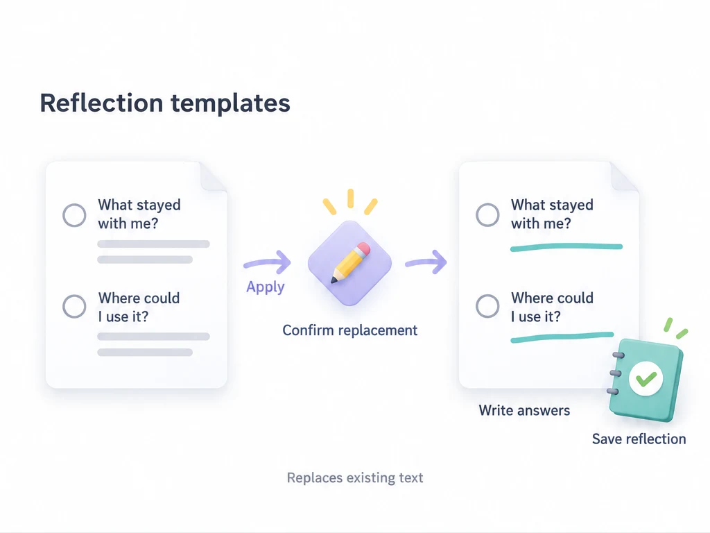 Apply reusable prompts, confirm text replacement, and save new answers.