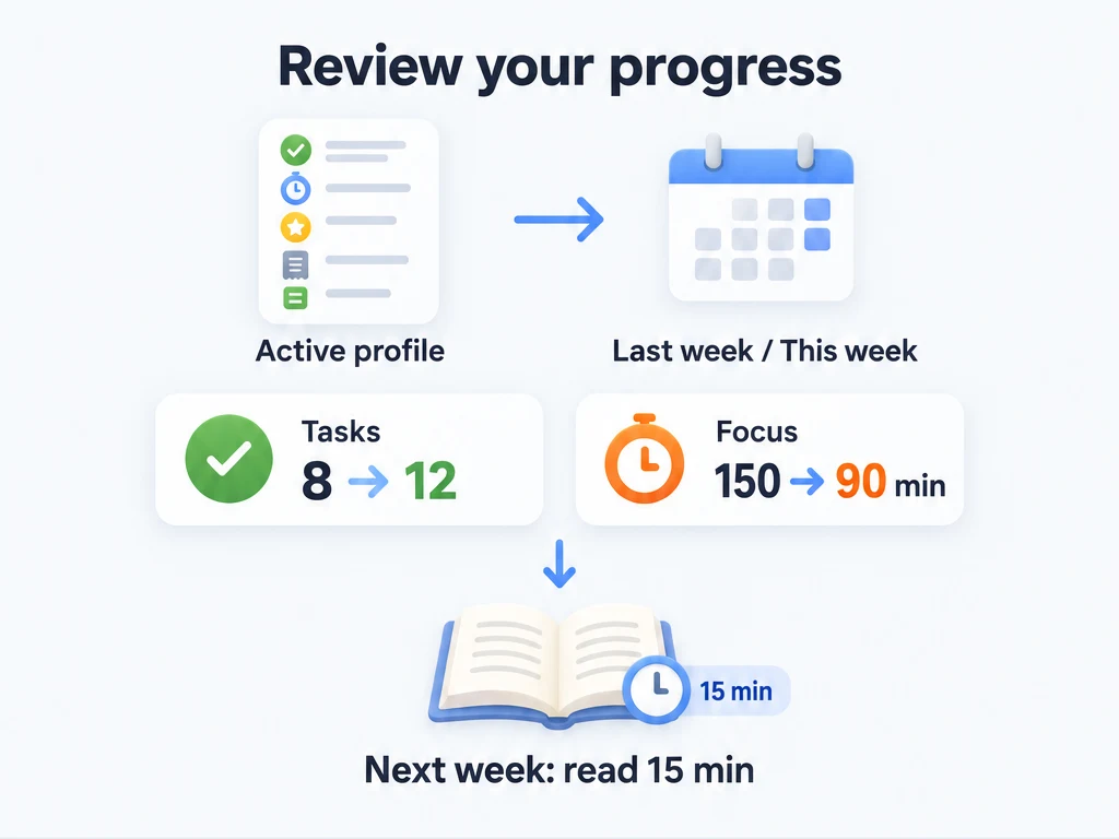 Review the active profile by week: task completions rise from 8 to 12, Focus time falls from 150 to 90 minutes, and next week's plan adds 15 minutes of reading.