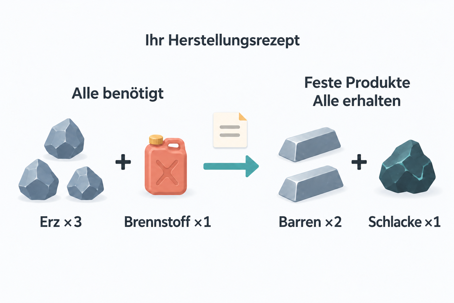 Ein festes Rezept benötigt drei Einheiten Erz und eine Einheit Brennstoff und ergibt sowohl zwei Barren als auch eine Einheit Schlacke.