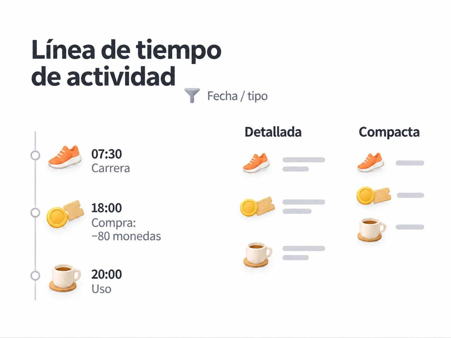 Filtra el historial por fecha o tipo y compara las vistas detallada y compacta.