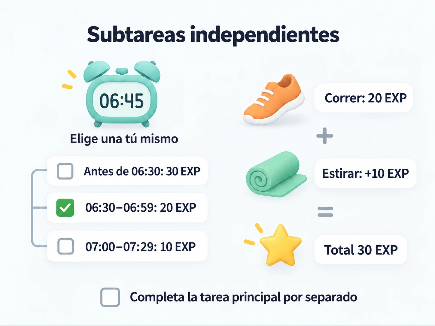 Elige la franja de las 06:45 para ganar 20 de experiencia, combina carrera y estiramientos para ganar 30 y completa la tarea principal por separado