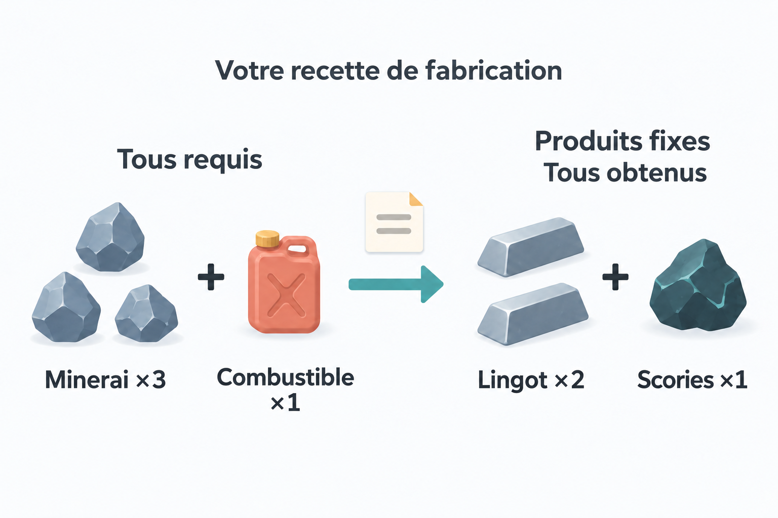 Une recette fixe nécessite trois unités de minerai et une unité de combustible et donne à la fois deux lingots et une unité de scories.