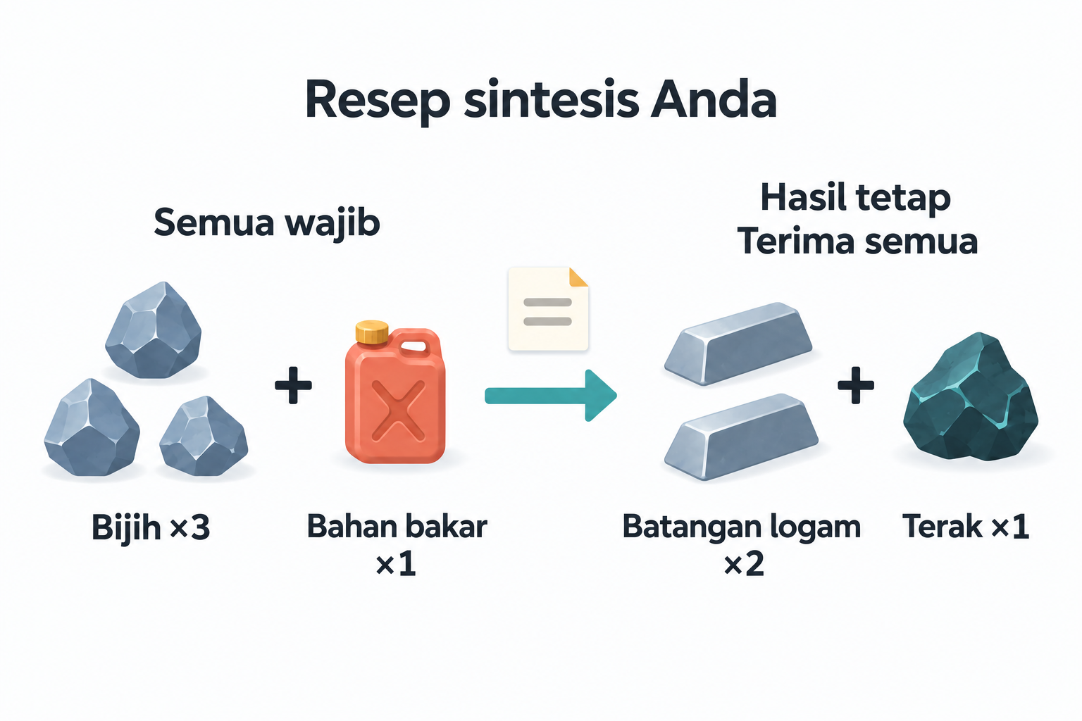 Resep tetap membutuhkan tiga bijih dan satu bahan bakar, lalu memberikan dua batangan logam dan satu terak sekaligus.