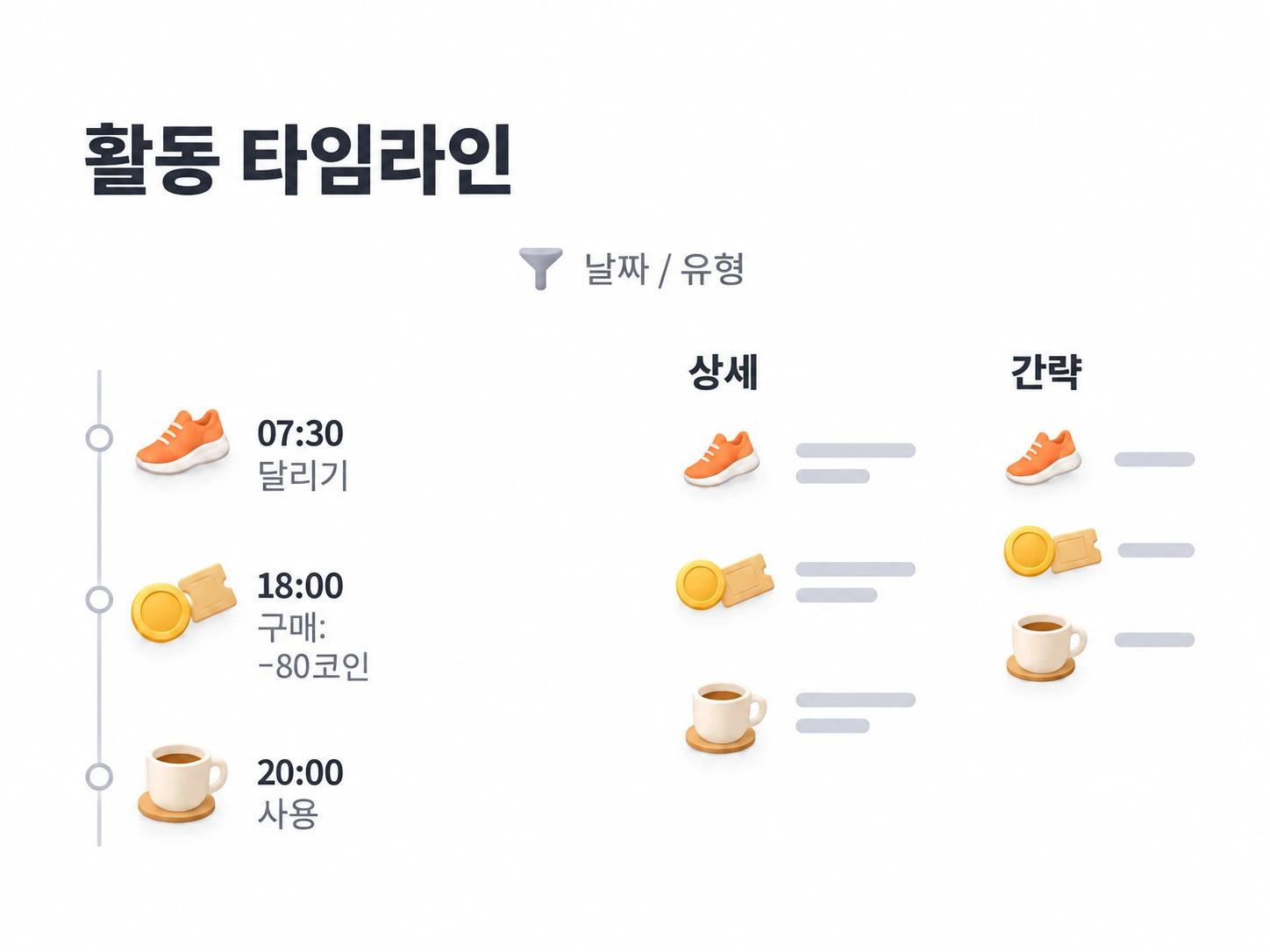 날짜·유형으로 활동 기록을 필터하고 상세·간략 보기를 비교