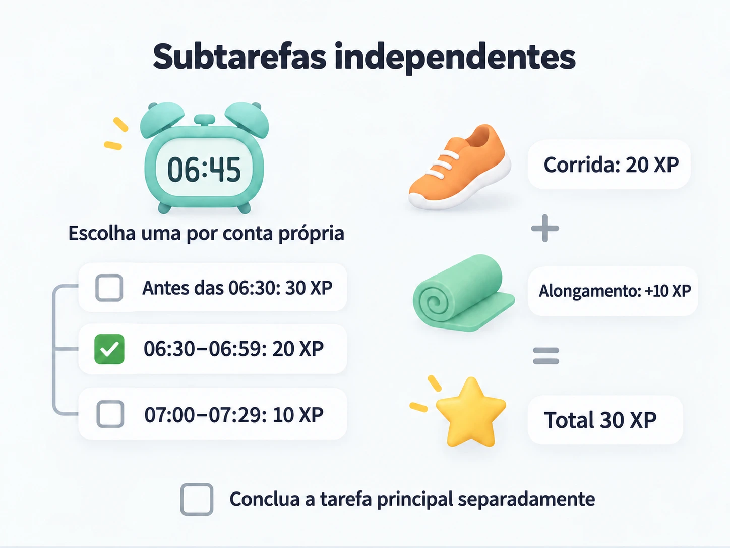 Escolha a faixa de despertar das 06:45 para 20 XP, combine corrida e alongamento para 30 XP e conclua a tarefa principal separadamente