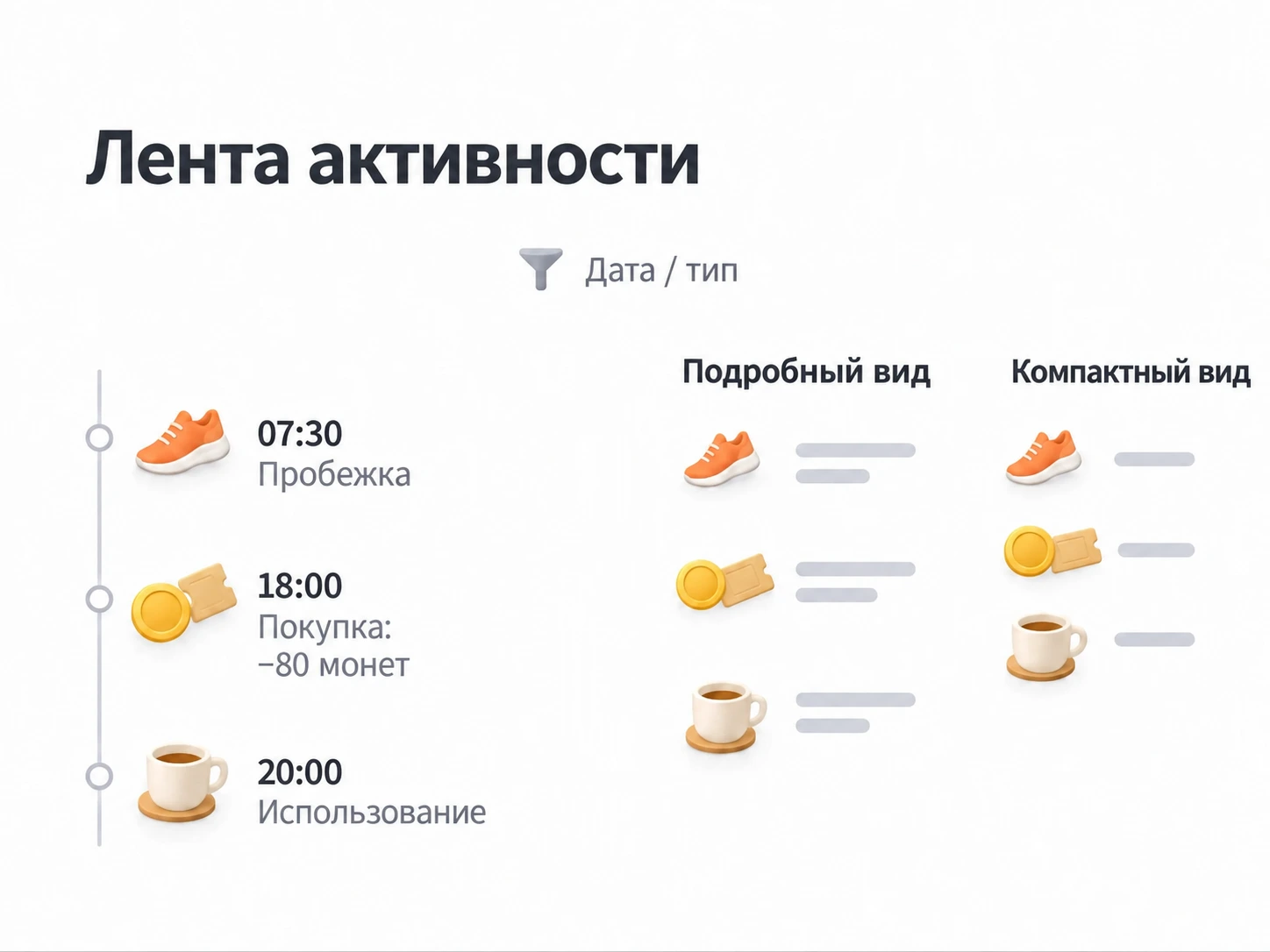Фильтруйте историю по дате или типу; сравнивайте подробный и компактный вид.