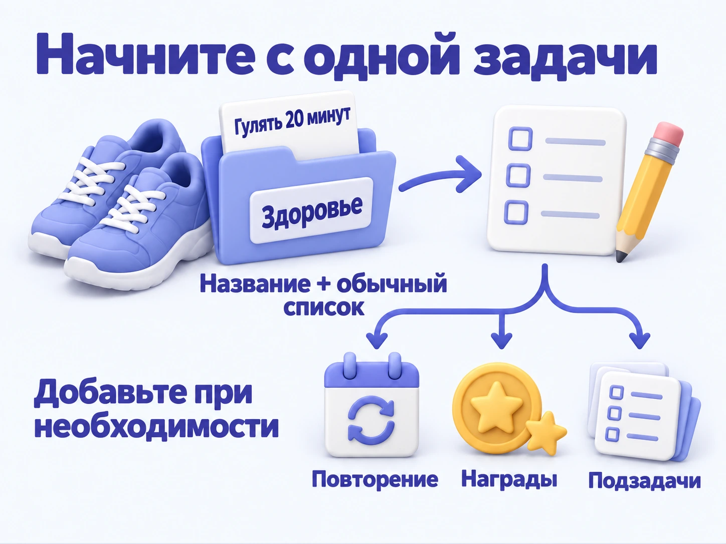Создайте задачу «Гулять 20 минут» в обычном списке «Здоровье», затем при необходимости добавьте повторы, награды или подзадачи