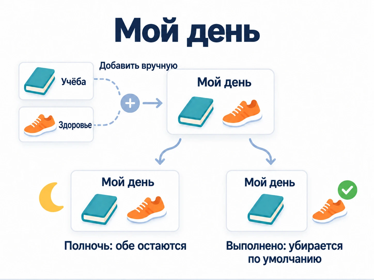 Вручную добавьте чтение и прогулку в «Мой день», не перемещая их из «Учёбы» и «Здоровья». По умолчанию выполнение текущего периода убирает задачи; полночь список не очищает.