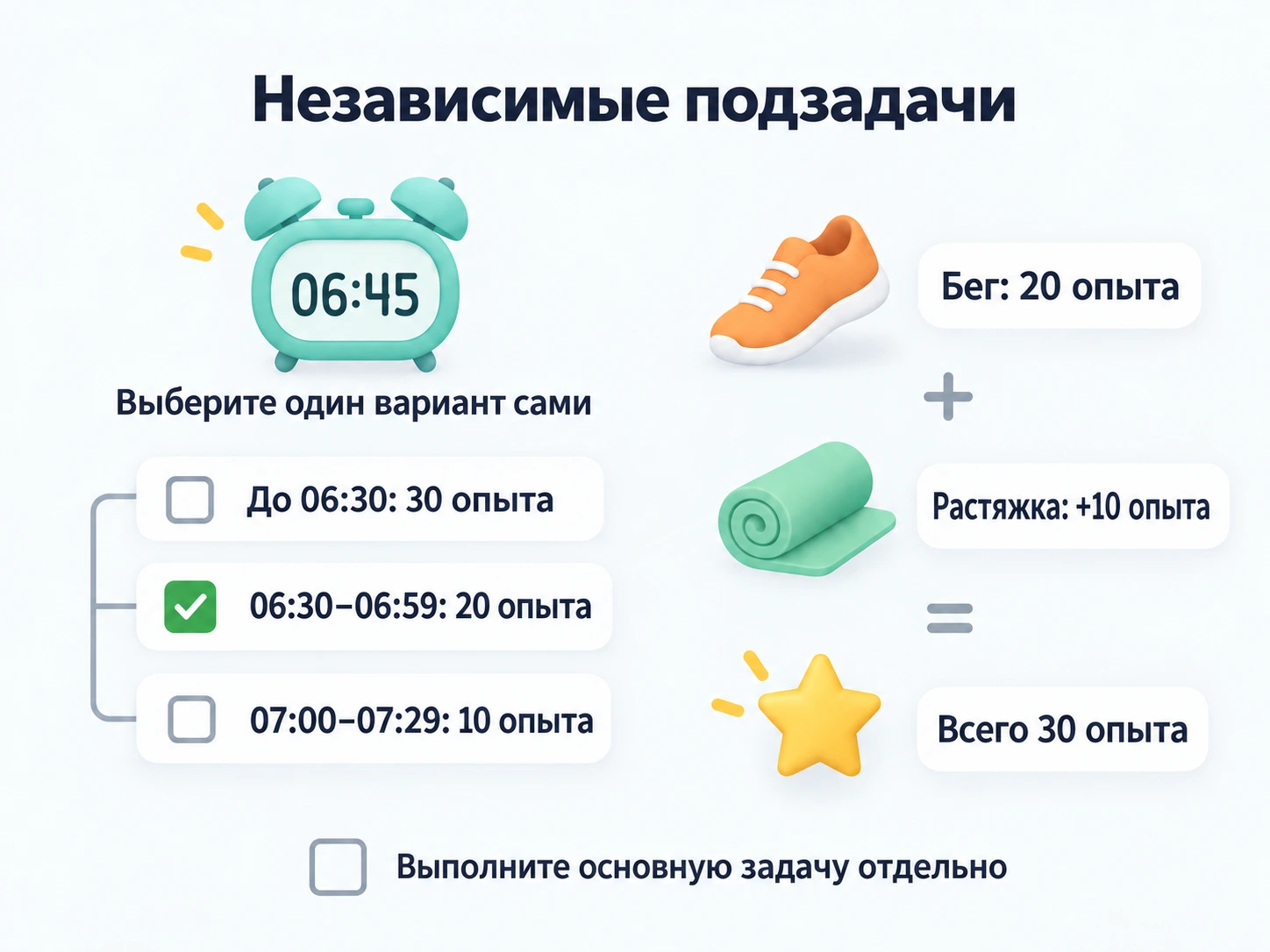 Выберите интервал подъёма в 06:45 за 20 опыта, совместите бег и растяжку за 30 опыта и отдельно выполните основную задачу
