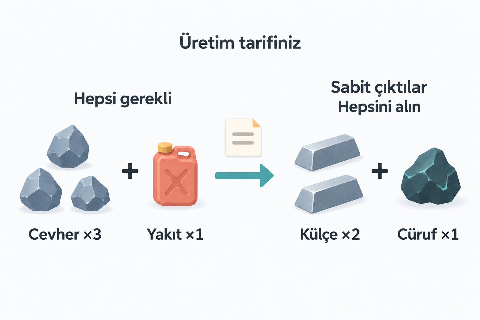 Sabit bir tarif üç cevher ve bir yakıt gerektirir; iki külçe ve bir cürufu birlikte verir.