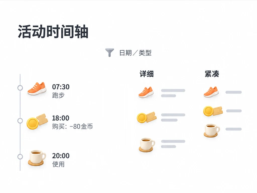 按日期或类型筛选活动历史，查看详细与紧凑两种布局。