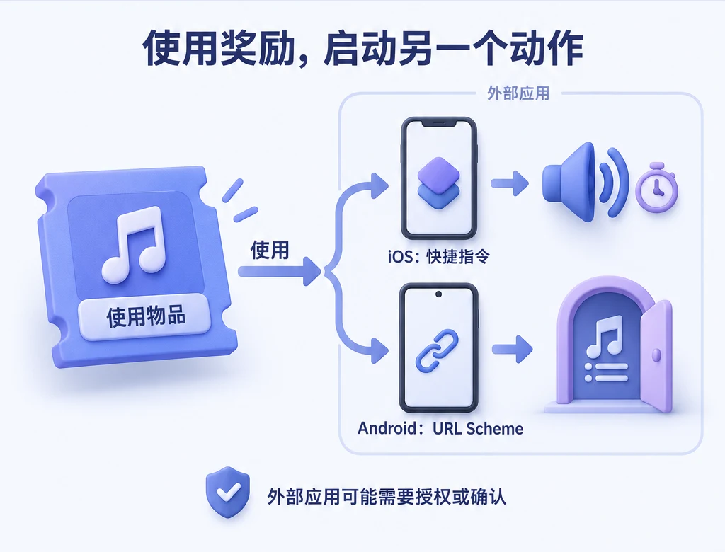使用物品时，在 iOS 执行快捷指令，在 Android 打开 URL Scheme；外部应用可能需要授权或确认。