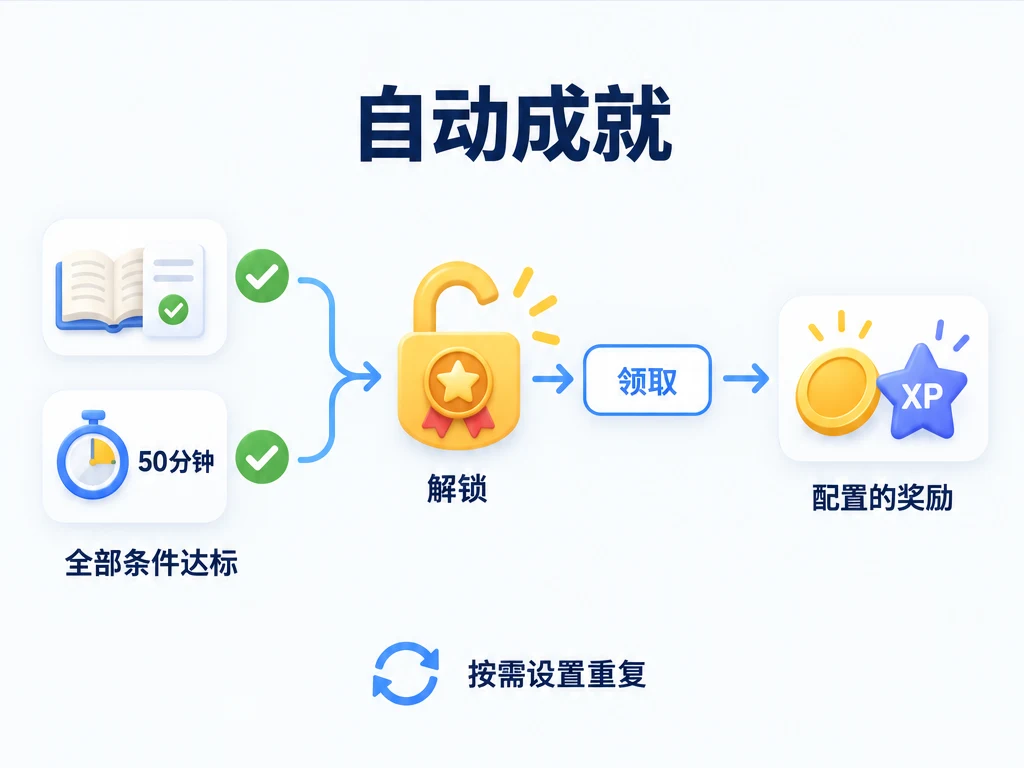 选择活动条件，全部达标后解锁成就，再领取配置的奖励；按需设置重复。