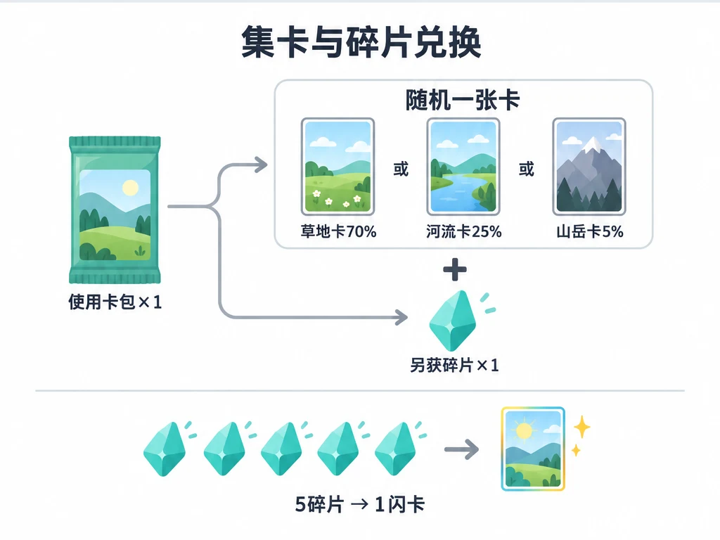 使用一个卡包，随机获得一张卡并固定获得一个碎片；五个碎片合成一张闪卡。