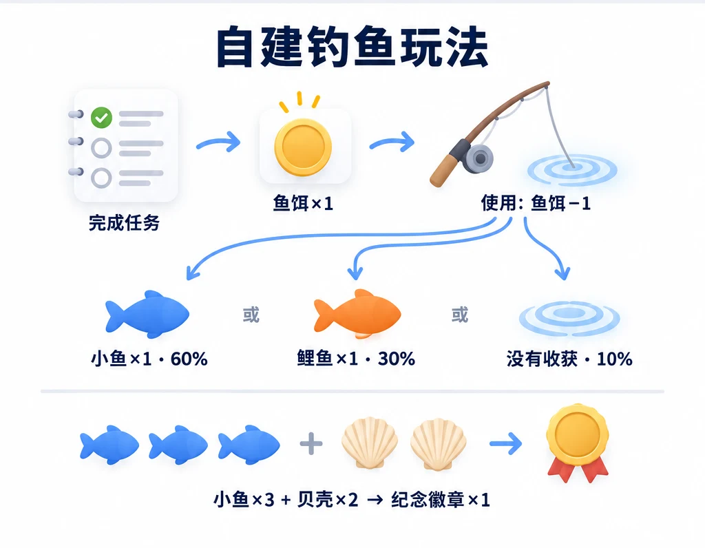 任务奖励鱼饵，使用时消耗鱼饵并随机抽取；三条小鱼加两个贝壳合成一枚徽章。