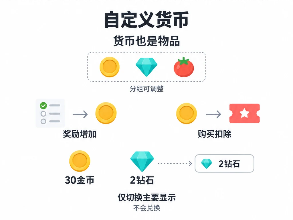 货币也是物品,奖励增加、购买扣除;主要货币仅切换显示,不兑换余额
