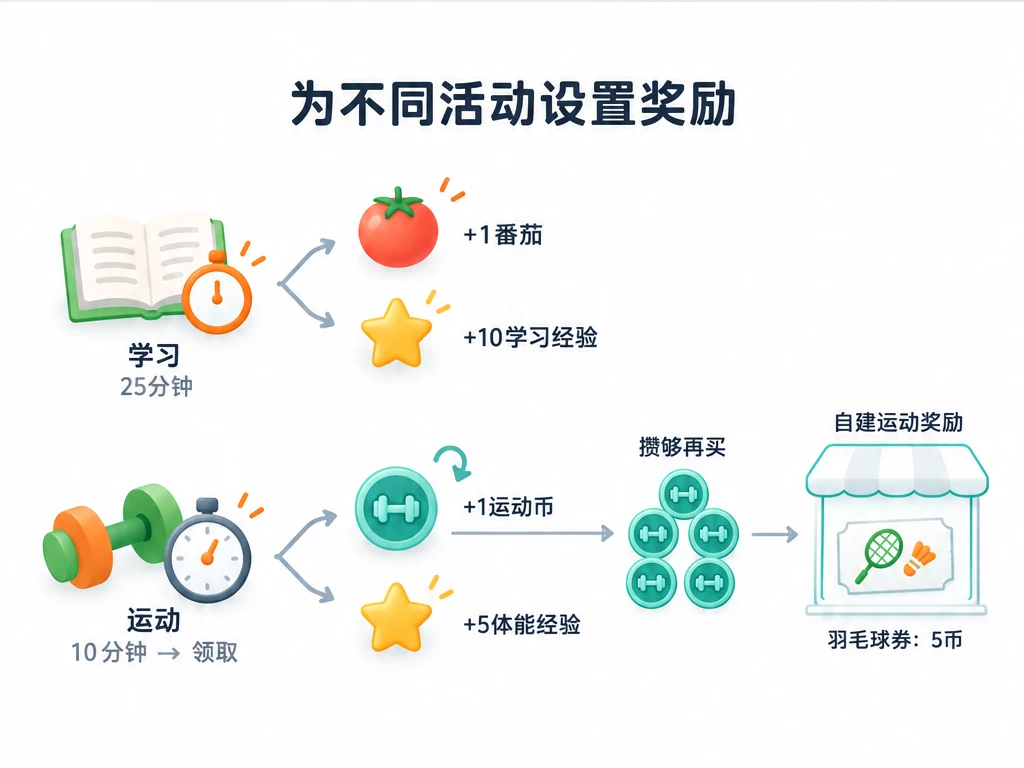 学习获得番茄和学习经验;运动获得自定义运动币和体能经验,攒币兑换自建运动奖励。
