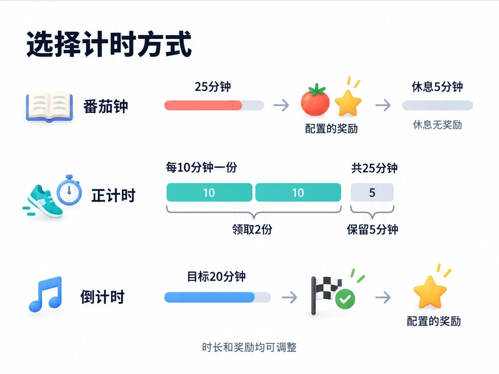 番茄钟完成 25 分钟专注后发奖,休息 5 分钟不发奖;正计时累计 25 分钟,领取两份 10 分钟间隔奖励并保留 5 分钟;倒计时跑满 20 分钟目标后发奖。