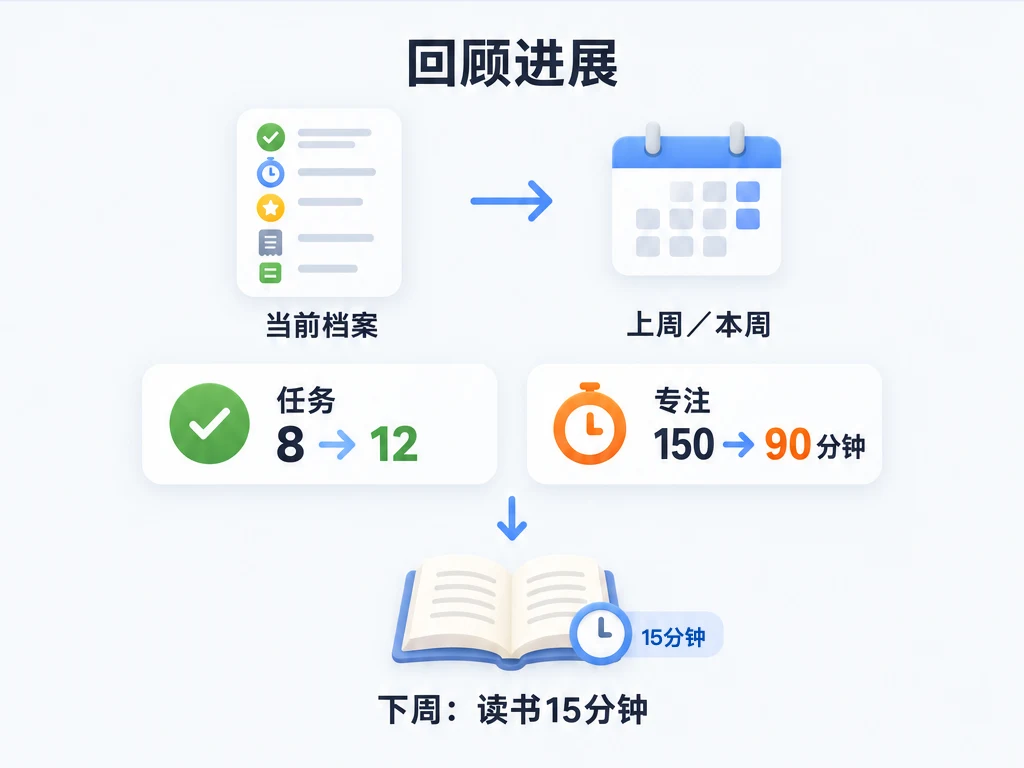 按周回顾当前档案:任务完成数从 8 增至 12,专注时长从 150 降至 90 分钟,下周安排 15 分钟阅读。