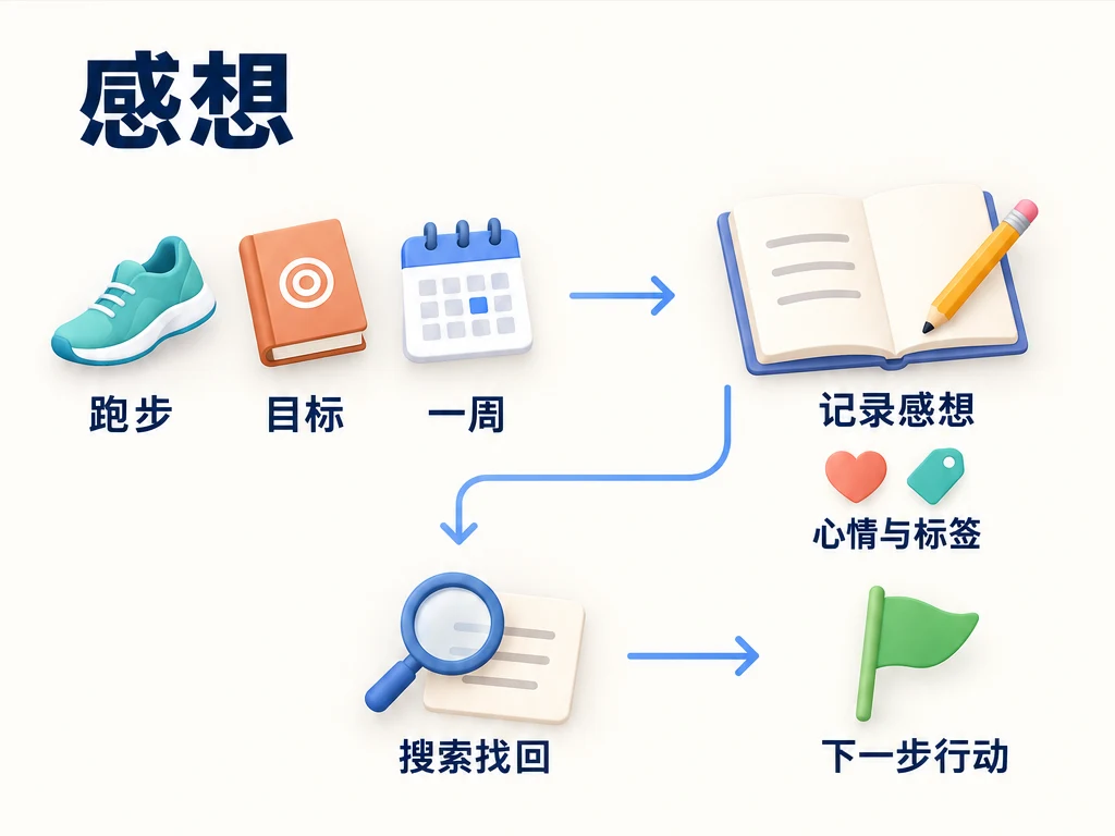 记录感想并选择心情与标签,找回笔记,再决定下一步行动。
